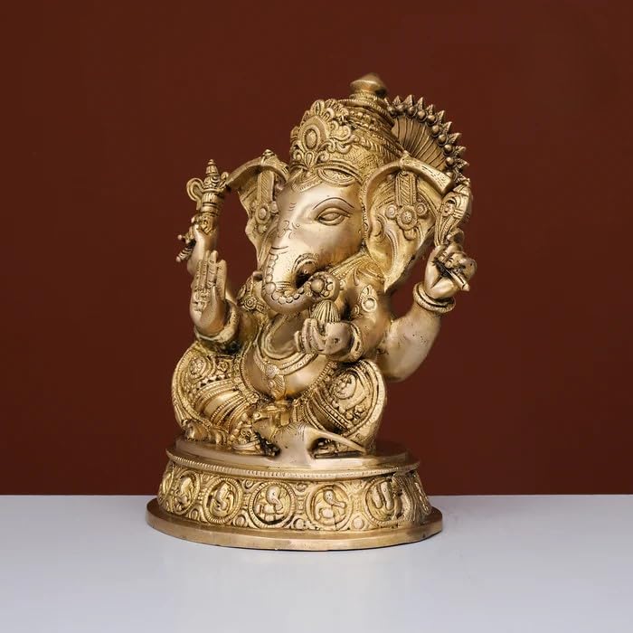 Brass Ganesha Statue With Mosaic, Handcarving Of Astavinayak In The Bottom 27.5 Cm Brass Ganesh Idol, Ganpati Idol House Warming